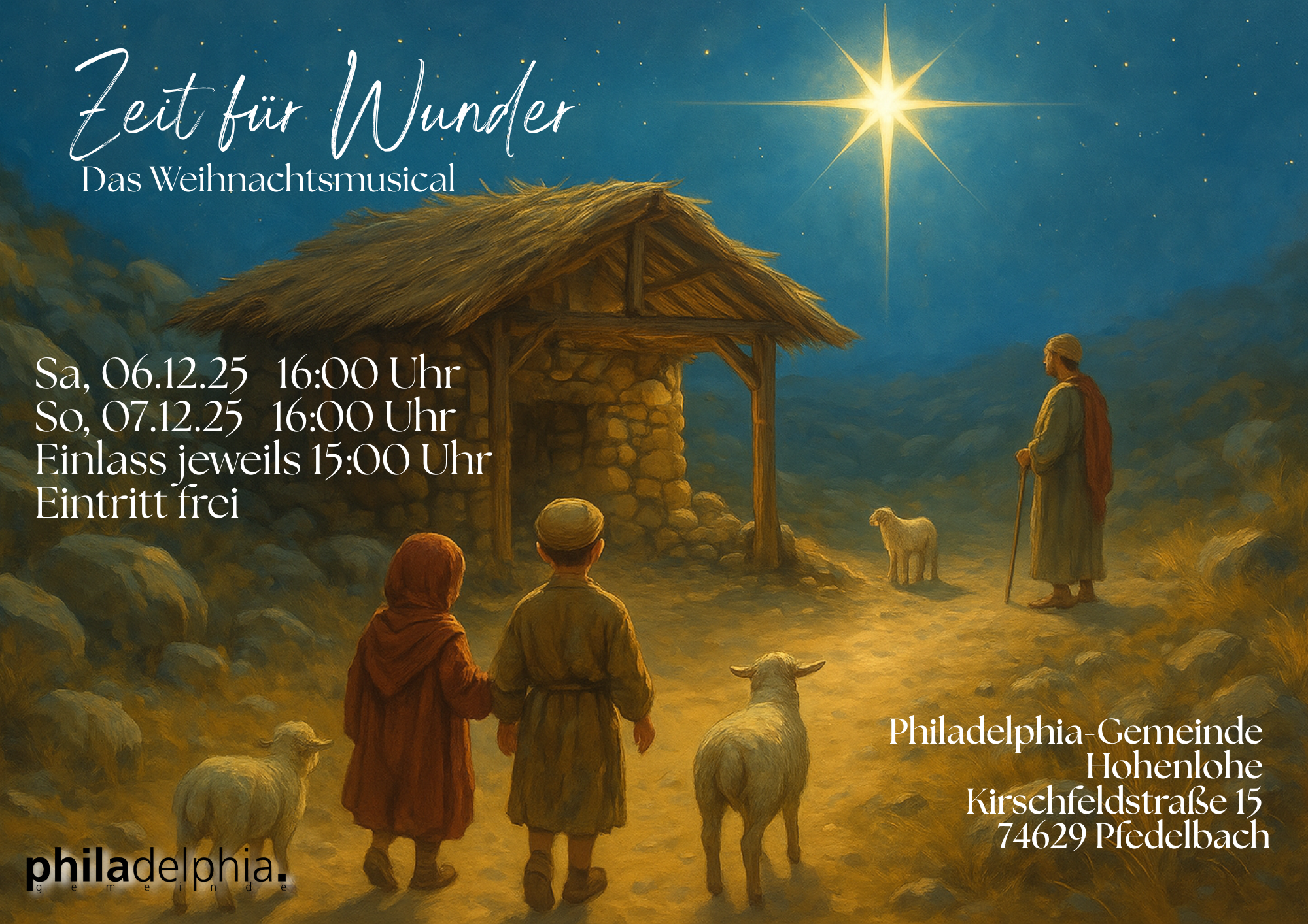 Zeit für Wunder - Das Weihnachtsmusical. Sa. 06.12.25 16:00 Uhr, So. 07.12.25 16:00 Uhr. Einlass jeweils 15:00 Uhr. Eintritt frei